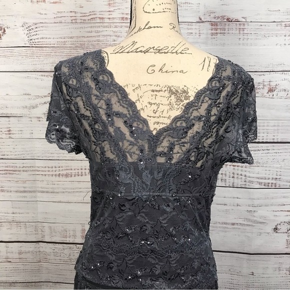 Marina Dress Short sleeve gray deep v-neck lace dressy formal midi dress - Picture 6 of 8